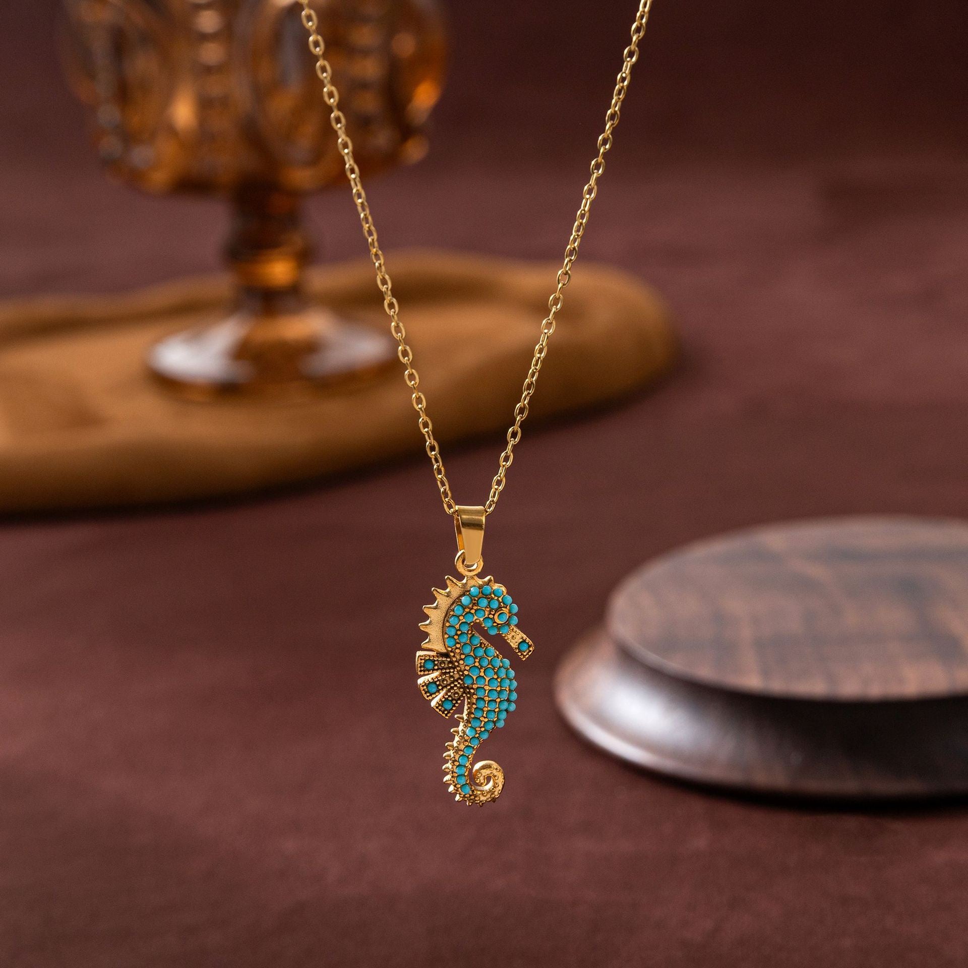 Turquoise Seahorse Pendant Necklace Stainless steel